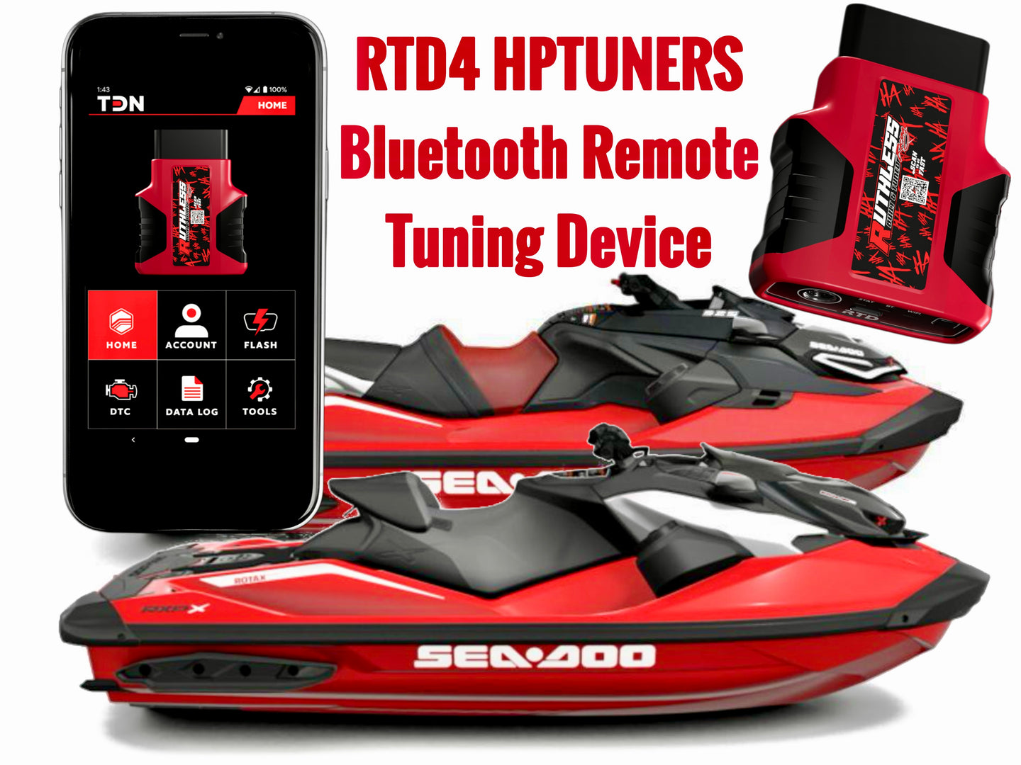 SEA-DOO  325 RXPX- RXT-X - Ruthless Remote Tuning Device for CUSTOM TUNING WITH DATALOGS - STAGE 1-2-3 RTD4 & TDN phone app (Data logging, Check Engine Read & Erase Codes Included ) HPTUNERS 325 ECU UNLOCK -